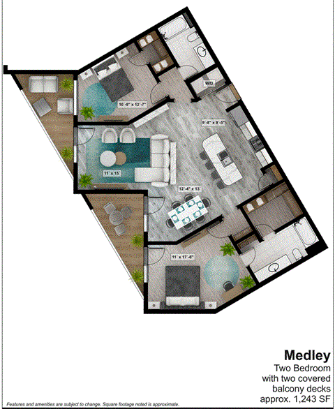 illustration of the first floor of a modern home with two bedrooms and a large terrace